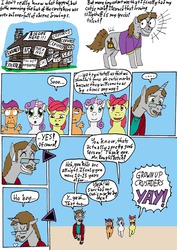Size: 709x1000 | Tagged: safe, artist:wolfman-al, apple bloom, scootaloo, sweetie belle, oc, g4, comic, cutie mark crusaders, dialogue