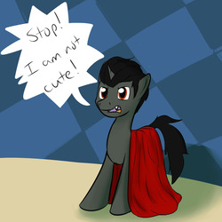 Size: 1280x1280 | Tagged: safe, artist:fuzebox, king sombra, g4, angry, cape, clothes, colt, cute, i'm not cute, irony, male, solo, sombradorable, speech bubble