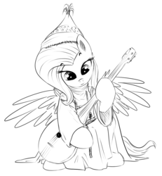 Size: 816x885 | Tagged: safe, artist:xioade, fluttershy, pegasus, pony, g4, black and white, clothes, dombra, female, grayscale, hat, islam, islamashy el fatih, kazakh, kazakhstan, lute, mare, monochrome, musical instrument, simple background, solo, turkic, white background