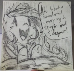 Size: 518x500 | Tagged: dead source, safe, artist:tess, fluttershy, g4, bed, despair, dialogue, female, monochrome, morning ponies, photo, sketch, solo, traditional art
