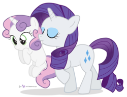 Size: 900x690 | Tagged: safe, artist:dm29, rarity, sweetie belle, pony, unicorn, g4, behaving like a cat, belle sisters, carrying, cross-eyed, cute, diasweetes, duo, duo female, eyes closed, female, filly, foal, frown, julian yeo is trying to murder us, mare, mouth hold, raised hoof, scruff, siblings, simple background, sisters, transparent background, walking