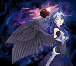 Size: 2000x1740 | Tagged: safe, artist:margony, nightmare moon, human, g4, clothes, female, horn, horned humanization, humanized, light skin, solo, sword, winged humanization