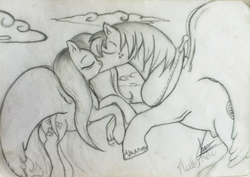 Size: 954x676 | Tagged: safe, artist:knucklesxjulie4ever, big macintosh, fluttershy, earth pony, pony, g4, duo, kiss on the lips, kissing, male, monochrome, ship:fluttermac, shipping, sketch, stallion, straight, traditional art, wings