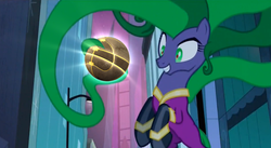 Size: 848x466 | Tagged: safe, edit, edited screencap, screencap, mane-iac, earth pony, pony, g4, power ponies (episode), antagonist, apple of eden, assassin's creed, electro orb meme, female, mare