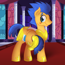 Size: 1700x1700 | Tagged: safe, artist:nekocrispy, artist:vocalmaker, flash sentry, pegasus, pony, equestria girls, g4, armor, equestria girls ponified, hoof shoes, male, ponified, solo, stallion