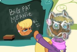 Size: 452x305 | Tagged: safe, artist:krupam, ms. harshwhinny, g4, as if i really look like this, big fat meanie, face swap, head swap, meme, ms. harshwhinny's professional chalkboard, new student starfish, spongebob squarepants