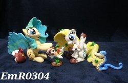 Size: 1024x662 | Tagged: safe, artist:emr0304, oc, oc only, oc:chad, oc:cobalt tangle, oc:pebbles, chicken, snake, irl, photo, sculpture