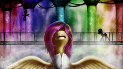 Size: 1920x1080 | Tagged: safe, artist:abluskittle, scootaloo, oc, oc:absentia, oc:h8-seed, oc:wooden toaster, pegasus, pony, fanfic:pegasus device, fanfic:rainbow factory, g4, clothes, covering eyes, crying, dog tags, not fluttershy, older, rainbow, shadows, spread wings, suit, white suit