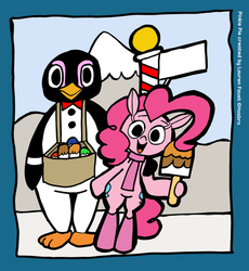 Size: 600x651 | Tagged: safe, artist:bickcomixx, pinkie pie, bird, earth pony, penguin, pony, g4, bipedal, clothes, female, scarf, solo