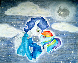 Size: 1024x827 | Tagged: safe, artist:ilovethisrainbows, rainbow dash, soarin', anthro, g4, female, male, ship:soarindash, shipping, straight, traditional art