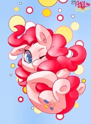 Size: 707x960 | Tagged: safe, artist:thekatwoman, pinkie pie, g4, blue background, colored pupils, falling, female, gradient background, hug, simple background, solo, strategically covered, tail, tail censor