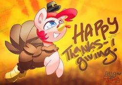 Size: 720x500 | Tagged: safe, artist:thekatwoman, pinkie pie, turkey, g4, clothes, costume, female, solo, thanksgiving, turkey costume