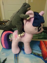 Size: 960x1280 | Tagged: safe, twilight sparkle, kaiju, g4, 4de, crossover, godzilla, godzilla (series), irl, photo, plushie, riding, toy