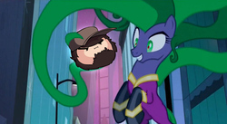 Size: 848x466 | Tagged: safe, edit, edited screencap, screencap, mane-iac, earth pony, pony, g4, power ponies (episode), electro orb meme, female, game grumps, jontron, mare, not so grump