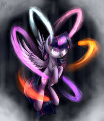 Size: 2190x2564 | Tagged: safe, artist:suplolnope, twilight sparkle, alicorn, pony, g4, angry, female, flying, glowing eyes, glowing horn, horn, magic, mare, solo, spread wings, twilight sparkle (alicorn), wings