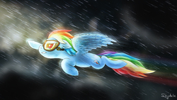 Size: 1920x1080 | Tagged: safe, artist:shydale, rainbow dash, pegasus, pony, g4, aviator goggles, female, flying, goggles, mare, rain, rainbow trail, solo, storm, wallpaper