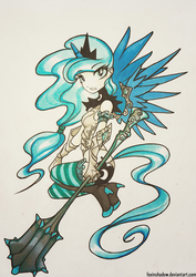 Size: 707x1000 | Tagged: safe, artist:foxinshadow, princess luna, human, g4, female, horn, horned humanization, humanized, light skin, mace, solo, tailed humanization, traditional art, warrior luna, weapon, winged humanization