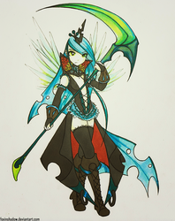 Size: 793x1000 | Tagged: safe, artist:foxinshadow, queen chrysalis, human, g4, female, horn, horned humanization, humanized, light skin, scythe, solo, traditional art, weapon, winged humanization