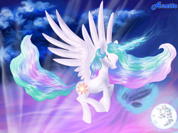 Size: 1000x750 | Tagged: safe, artist:anna-krylova, princess celestia, g4, crying, feather, female, magic, moon, solo