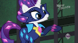 Size: 420x236 | Tagged: safe, screencap, mane-iac, radiance, rarity, g4, power ponies (episode), animated, cage, destruction, female, file, magic, nail file, power ponies