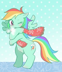 Size: 600x692 | Tagged: safe, artist:chaso, rainbow dash, pegasus, pony, g4, abstract background, bipedal, clothes, cold, cute, dashabetes, female, mare, naked scarf, panting, pixiv, scarf, simple background, snow, snowfall, snowflake, solo