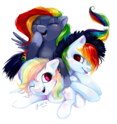 Size: 1026x1083 | Tagged: safe, artist:enigmatia, oc, oc only, oc:cloud puff, oc:sunrise brisk, oc:white whirl, pegasus, pony, commission, eyes closed, offspring, parent:rainbow dash, parent:soarin', parents:soarindash, siblings, tongue out, wink