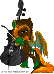 Size: 735x1011 | Tagged: safe, artist:ember-flames, oc, oc only, alicorn, bat pony, pony, alicorn oc, bow, cello, musical instrument, signature, solo, sombra sonata, unshorn fetlocks