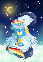 Size: 1024x1482 | Tagged: safe, artist:tinuleaf, rainbow dash, soarin', g4, clothes, cloud, eyes closed, female, male, moon, night, scarf, shared clothing, shared scarf, ship:soarindash, shipping, straight