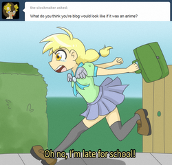 Size: 780x750 | Tagged: safe, artist:jitterbugjive, derpy hooves, human, g4, anime, bag, caption, clothes, crying, dialogue, female, humanized, light skin, running, schoolgirl toast, skirt, solo, style emulation, thigh highs, tumblr