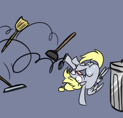 Size: 780x750 | Tagged: safe, artist:jitterbugjive, derpy hooves, pegasus, pony, g4, broom, female, mare, plunger, solo, trash can, whisk