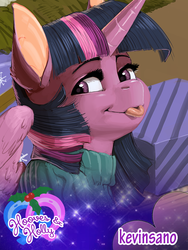 Size: 600x800 | Tagged: safe, artist:kevinsano, twilight sparkle, alicorn, pony, hooves & holly, g4, clothes, female, mare, present, solo, sweater, tongue out, twilight sparkle (alicorn)