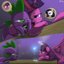Size: 3000x3000 | Tagged: safe, artist:dimfann, rarity, spike, twilight sparkle, alicorn, pony, g4, bedroom eyes, burned, debate in the comments, disproportionate retribution, eye contact, fangs, female, fire, frown, glowing, grin, heart, high res, magic, male, mare, open mouth, pictogram, ship:sparity, shipping, smiling, speech bubble, spread wings, straight, table, teasing, twilight sparkle (alicorn), twilight sparkle is not amused, unamused, worth it, zipper