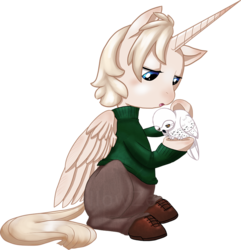 Size: 870x902 | Tagged: safe, artist:hollowzero, oc, oc only, oc:pearly gates, alicorn, owl, pony, alicorn oc, clothes, pants, shoes, sweater