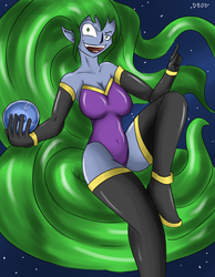 Size: 700x900 | Tagged: safe, artist:dinobirdofdoom, mane-iac, human, g4, power ponies (episode), breasts, busty mane-iac, clothes, electro orb, evening gloves, female, humanized, leotard, pony coloring, solo, thigh boots
