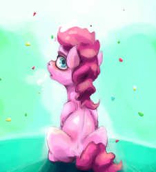 Size: 2563x2829 | Tagged: safe, artist:sharpieboss, pinkie pie, earth pony, pony, g4, breath, female, high res, looking at you, looking back, looking back at you, mare, open mouth, rear view, sitting, solo, turned head