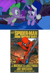 Size: 695x1024 | Tagged: safe, spike, twilight sparkle, alicorn, pony, g4, power ponies (episode), comic book, female, male, mare, meme, one more day, spider-man, spike's comic, twilight sparkle (alicorn)