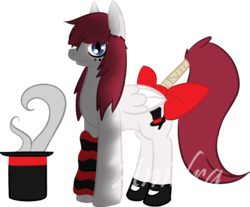 Size: 1128x936 | Tagged: safe, artist:anidra, oc, oc only, pegasus, pony, bandage, clothes, commission, hat, illusion, leg warmers, shoes, solo, tail bow, top hat