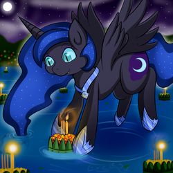 Size: 1000x1000 | Tagged: safe, artist:vavacung, nightmare moon, alicorn, pony, g4, candle, female, festival, flying, loi krathong, moon, night, solo, stars