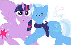 Size: 2315x1464 | Tagged: safe, artist:anniegamer, trixie, twilight sparkle, alicorn, pony, g4, blushing, clothes, female, kissing, lesbian, mare, scarf, ship:twixie, shipping, twilight sparkle (alicorn)