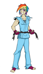 Size: 2008x3431 | Tagged: safe, artist:blackemperor, artist:theblackemperor, rainbow dash, human, g4, barefoot, black belt, clothes, feet, female, fingerless gloves, gi, gloves, grin, humanized, karate, light skin, martial arts, pants, ripped sleeves, robe, simple background, smirk, solo, torn clothes, transparent background