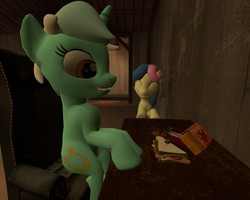 Size: 1280x1024 | Tagged: safe, artist:gergta, bon bon, lyra heartstrings, sweetie drops, g4, 3d, feeder bon bon, feeding, food, gmod, sitting, weight gain sequence