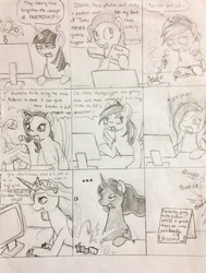 Size: 968x1280 | Tagged: safe, artist:tweetinginthewood, applejack, discord, fluttershy, pinkie pie, princess celestia, princess luna, rainbow dash, rarity, twilight sparkle, g4, computer, mane six, monochrome