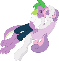 Size: 5860x6125 | Tagged: safe, artist:ambris, artist:gray-gold, spike, sweetie belle, anthro, unguligrade anthro, g4, absurd resolution, clothes, cuddling, dress, female, implied tail hole, male, ship:spikebelle, shipping, simple background, snuggling, straight, transparent background, vector