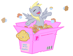 Size: 3300x2550 | Tagged: safe, artist:deviantmetroid, derpy hooves, pegasus, pony, g4, female, food, happy, mare, muffin, pony in a box, size difference, solo