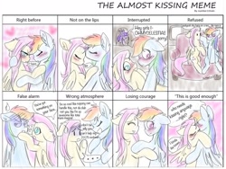 Size: 1280x960 | Tagged: safe, artist:estheticart, fluttershy, rainbow dash, twilight sparkle, alicorn, pony, g4, blushing, dialogue, female, forehead kiss, kiss meme, kissing, kissing meme, lesbian, ship:flutterdash, shipping, twilight sparkle (alicorn)