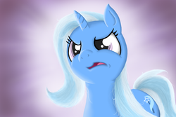 Size: 1800x1200 | Tagged: safe, artist:whiro153, trixie, g4, angry, female, frown, glare, glowing, open mouth, simple background, solo, tongue out