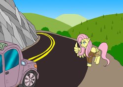 Size: 1280x904 | Tagged: safe, artist:wolfman-al, fluttershy, g4, applejack truck, clothes, female, hitchhiking, jacket, parody, solo, the incredible hulk