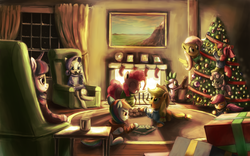Size: 2880x1800 | Tagged: safe, artist:anticular, apple bloom, applejack, fluttershy, pinkie pie, rainbow dash, rarity, scootaloo, spike, sweetie belle, twilight sparkle, alicorn, pony, g4, backlighting, christmas, christmas tree, clothes, cutie mark crusaders, fireplace, holiday, hoodie, mane seven, mane six, stockings, sweater, sweatershy, tree, twilight sparkle (alicorn)