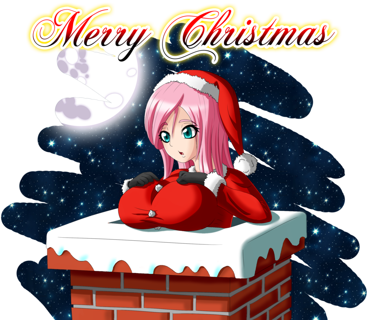 504097 - suggestive, artist:zantyarz, fluttershy, human, g4, big breasts,  breasts, busty fluttershy, chimney, christmas, christmas is cancelled,  clothes, female, hat, humanized, light skin, santa costume, santa hat,  solo, stuck - Derpibooru