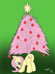 Size: 1800x2400 | Tagged: safe, artist:tomtornados, fluttershy, pegasus, pony, g4, blushing, butt, christmas tree, colored, female, fluttertree, gradient background, long tail, plot, solo, tail, tree